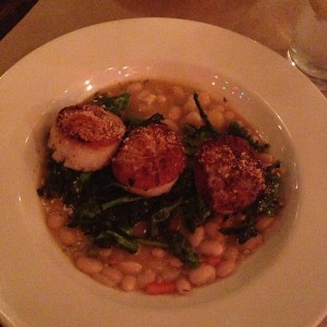 Amazing scallops with greens and super creamy white beans.