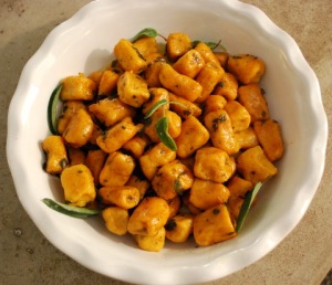 Yum sweet potato gnocchi with brown butter sage sauce.  We saved half of the dough in the freezer.