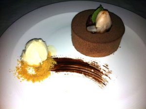 Chocolate Mousse Cake, Kaffir Lime Crème Anglaise, Pomegranate, Thai Basil