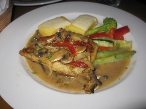 We split the halibut special with a mushroom, roasted red pepper and caper sauce...