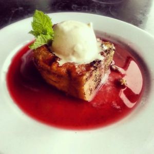 Spiced pear bread pudding.